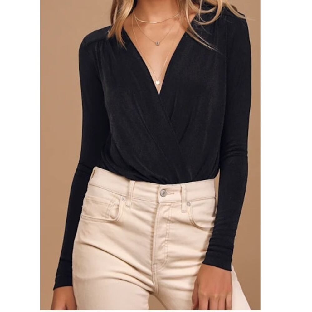 Black Draped Surplice Bodysuit Long Sleeve Intimately Free People Size L - Picture 9 of 9